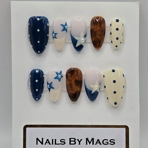 Navy Blue Press On Nails | Vintage Tortoiseshell Nails | Blue & Cream Star Nails | Tortoiseshell Accent Nails | Handmade Reusable Fake Nails