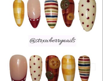 Autumn Plaid Press On Nails | 3D Button Vintage Style
