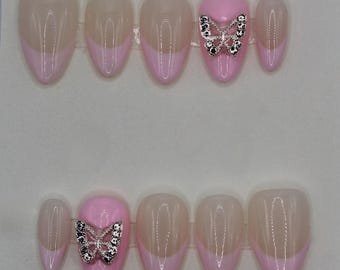 Pink French Tip Press On Nails with Butterfly Charm | Coquette Nails | Soft Girl Bridal Nails | Almond Shape Handmade Gel Press Ons