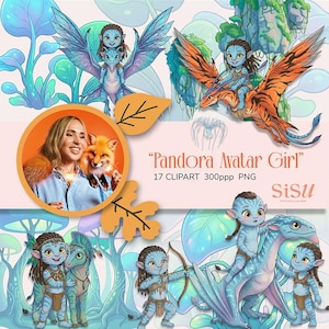 Puede incluir: Una colección de arte digital titulada "Pandora Avatar Girl" con varias ilustraciones de personajes inspirados en Avatar. Las imágenes incluyen personajes montando criaturas aladas, con una mujer sosteniendo un zorro en un marco circular. La colección incluye 17 imágenes prediseñadas.