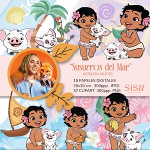 Puede incluir: Ilustración digital con personajes de dibujos animados, incluyendo una niña con una flor en el pelo, sosteniendo un cerdo. Otros elementos incluyen un velero, una palmera y el texto "Susurros del Mar".