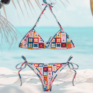 Colorful Retro Flower Bikini Set, Vintage Checker Floral Triangle Bikini, Cute Mod 70s Style String Swimwear for Women, Summer Beach Bikini
