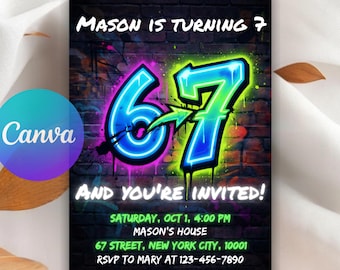 7th Birthday Invitation, Six Seven Meme Party Invite, Editable Canva Birthday Template, Instant Digital Download
