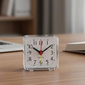 May include: A clear, square quartz alarm clock with a white face and black numerals sits on a wooden desk. The clock has black hands and a red second hand. A laptop, open book, and small potted plant are also on the desk.