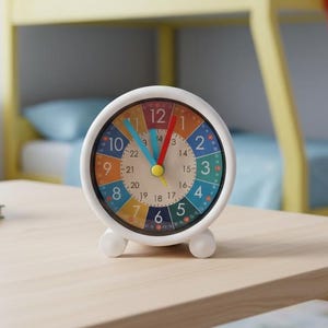 Op de afbeelding: Een witte, ronde wekker met een kleurrijke wijzerplaat staat op een houten tafel. De wijzerplaat heeft een regenboog aan kleuren en cijfers. De klok heeft twee kleine voetjes. Op de achtergrond is een gele stapelbed te zien.