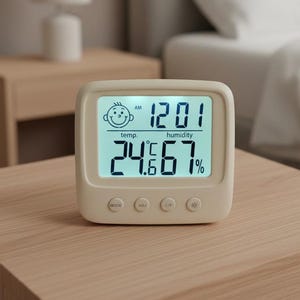 May include: A square, off-white digital clock with a rounded frame. The screen displays the time 12:01, a temperature of 24.6 degrees Celsius, and 67 per cent humidity. A small icon of a smiling face is visible. Four circular buttons are below.