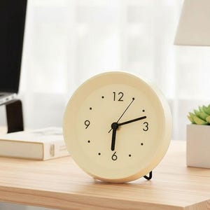 May include: A cream-coloured analogue clock with black hands and dot hour markers. The clock sits on a wooden desk, with a laptop and lamp in the background. The clock's face displays the numbers 12, 3, 6, and 9.
