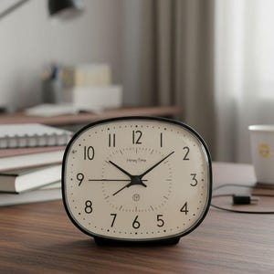 Pode incluir: Um despertador oval com moldura preta e mostrador creme. O mostrador apresenta algarismos pretos, ponteiros e o texto "Honey Time". Está sobre uma superfície de madeira, com uma caneca e um candeeiro de mesa ao fundo. Mede cerca de 15 cm de comprimento.