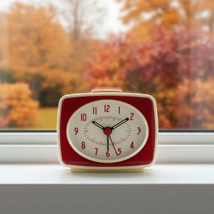 May include: A retro-style red and cream-colored alarm clock with an oval clock face. The clock has black hands and red numbers. The background is a blurred view of fall foliage.