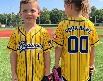 Camisa de beisebol personalizada, com nome e logotipo bordados/impressos, estampa de bananas, presente de aniversário para crianças pequenas.