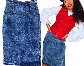 Vintage 80’s 90’s Acid Wash Denim Pencil midi skirt (M)