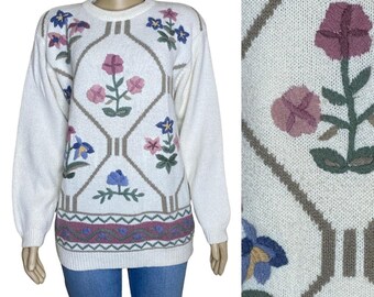 Vintage Floral Cottage Core Coquette Feminine Grandma Knit Tapestry Sweater (M)