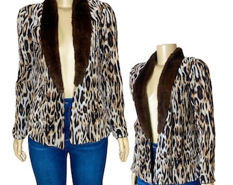 Y2K 90s Mob Wife Leopard Print Chiffon Cardigan faux fur trim Bohemian (S/M)