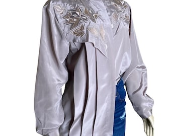Vintage Tab Tan Abstract Floral Half Pleated Embroidered Southwestern Country Longsleeve Blouse (M/L)