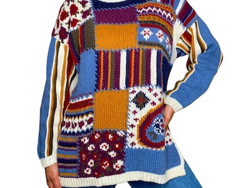 Vintage Cabin Core Patchwork Tapestry Grandma Core Cottage Core Boho Sweater (S)