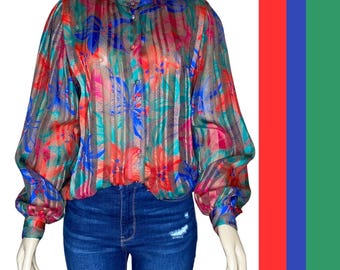 Vintage Colorful Floral Satin Striped Studio Retro Poet Blouse Holiday Top (M)