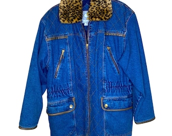 Women’s Vintage Jean Chore Coat Leopard Sherpa Collar Work Cottage Utility (S)