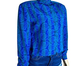 Vintage Cottage Core Blue & Green Striped Floral Feminine Blouse (M)