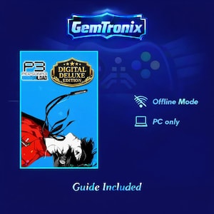 May include: A blue digital game download card with the GemTronix logo at the top. The card features the Persona 3 Reload game cover art, with text indicating "Digital Deluxe Edition", "Offline Mode", and "PC only". The words "Guide Included" are at the bottom.
