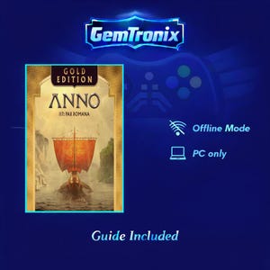 May include: A digital game box for ANNO 117: Pax Romana, Gold Edition, featuring a ship on water. The image includes the GemTronix logo, and text indicating offline mode, PC only, and a guide.