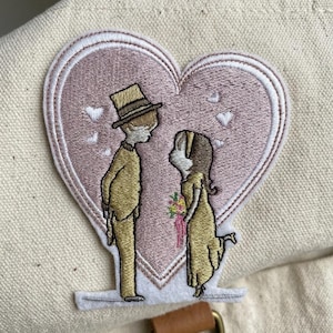 Romantic Couple Embroidered Patch, Vintage Heart Applique, Love Gift