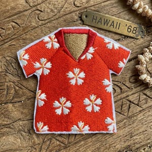 Embroidered Aloha Shirt Patch, Red Floral Summer Vacation Iron-On Badge