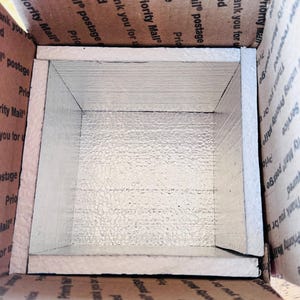May include: An open cardboard box with a white, insulated interior. The box is designed for shipping and features the words "Priority Mail" and "Thank you" printed on the exterior.