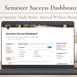 May include: A laptop displaying a "Semester Success Dashboard" with the text "Plan Smarter. Study Better. Succeed Without Burnout." The screen shows a course overview, navigation, and weekly focus sections. A coffee cup and a plant are in the background.