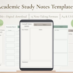 Könnte beinhalten: Akademische Studiennotizen-Vorlagen mit 15 Notizformaten, druckbar und digitaler Download. Enthält A4- und US-Letter-Größen, 3 Farben und über 85 Seiten. Enthält Cornell-Notizen, Formelblätter und Rasterlayouts. Ein digitales Tablet zeigt eine Cornell-Notizvorlage.