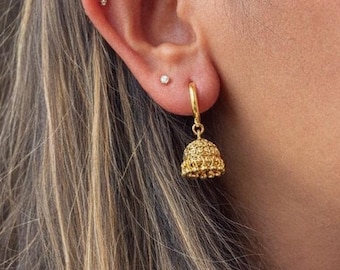 Gold Jhumka on hoops • 20k Gold Plated • Mini Jhumka Earrings • Indian Style Earrings • Micro Jhumkas • Hoops Earring •  Tiny Jhumkas