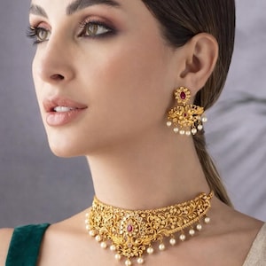 Gold imitation choker real gold look set earrings  Indian wedding necklace Punjabi Jewelry south Indian gold temple jewelry bridal set