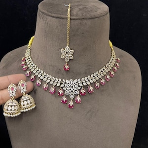 Diamond CZ Necklace Set with Matching Earrings & Tikka Pink Stones, Indian Bridal Jewelry Set, Wedding Jewelry Necklace