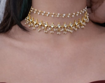 Handcrafted Pearl Kundan Choker Set, Indian Bridal Jewelry