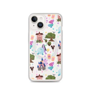May include: Clear phone case with a repeating pattern of cartoon castles, trees, lanterns, and other whimsical elements in pink, blue, and green. The case is designed to fit a smartphone.