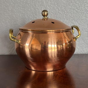 Vintage Copper & Brass Potpourri Pot | Lidded Copper Simmer Pot with Brass Handles | Copper Garlic Keeper Bowl with Vented Cover