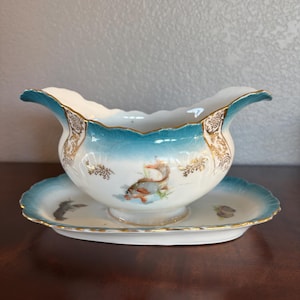 Antique Limoges Porcelain Gravy Boat with Underplate with Hand-painted Fish Motif and Gilt trim | Porcelain Serving Dish with Koi Decor
