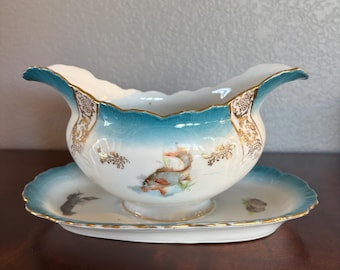 Antique Limoges Porcelain Gravy Boat with Underplate with Hand-painted Fish Motif and Gilt trim | Porcelain Serving Dish with Koi Decor