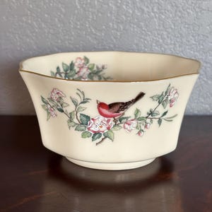 Vintage Lenox Serenade Fine China Fluted Bowl with Songbird and Cherry Blossoms | Floral Decorative Bowl with Gold Rim