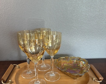 Set of 6~ Pier 1 Imports P1C1 Amber Wine Glasses with Clear Glass Stem| Wine Goblets with Iridescent Golden Bowl | Vintage Yellow Wine Glass