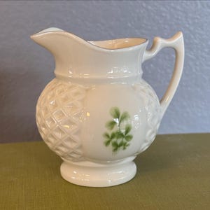 Vintage Belleek with Hand Painted Shamrocks Creamer | Irish Porcelain Small Pitcher with Gold Trim | Hand-painted Irish Pottery