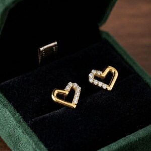 Open Heart Stud Earrings Gold, CZ Heart Earrings, 18K Gold Plated Sterling Silver Studs, Minimal Heart Jewelry Gift for Her