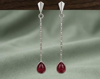 Långa granatdroppörhängen i 925 sterlingsilver, hängande örhängen, minimalistiska örhängen med röd ädelsten, present till henne, smycken med födelsesten i januari