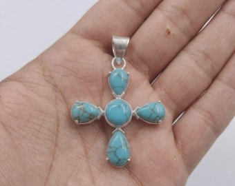 Naturligt Larimar Korshänge 925 Sterling Silver Blå Ädelstenshänge Havsmycken Andlig Gåva Handgjort Larimar Halsband