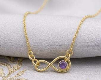 Natural Amethyst Infinity Necklace, 925 Sterling Silver 18K Gold Plated Pendant, February Birthstone Jewelry Gift for Her