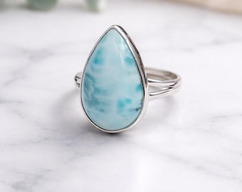 Natural Larimar Ring | 925 Sterling Silver Handmade Ring | Blue Larimar Gemstone Teardrop Ring | Gift For Her