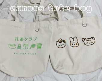 Matcha Canvas Embroidered Tote Bag | Bunny, Bear, Cat Character | Tote Gift