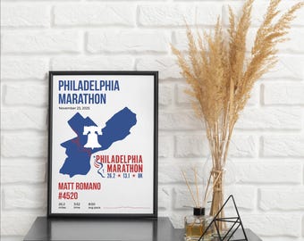 Póster con mapa personalizado del Maratón de Filadelfia / Impresión personalizada con nombre, dorsal, ritmo y tiempo / Descarga digital