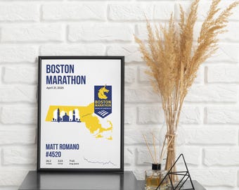 Póster con mapa personalizado del Maratón de Boston / Impresión personalizada con nombre, dorsal, ritmo y tiempo / Descarga digital