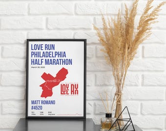 Póster personalizado de Love Run Philly / Impresión personalizada con nombre, dorsal, ritmo y tiempo / Descarga digital