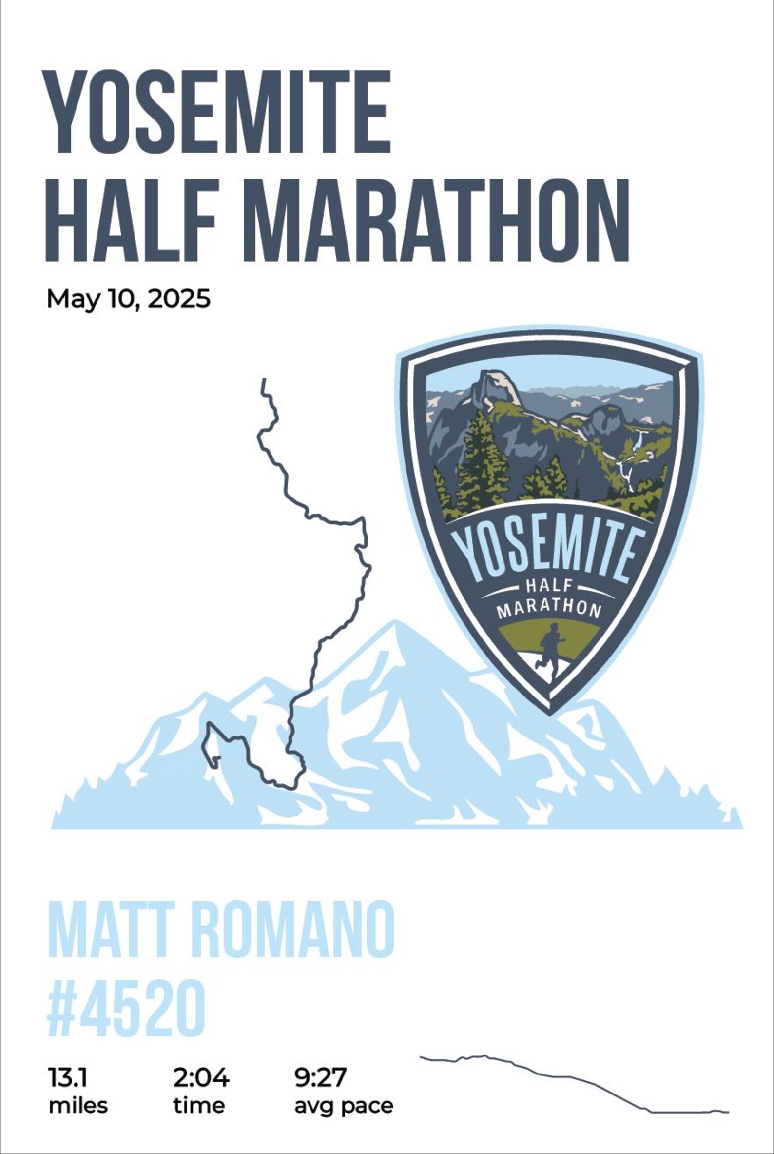 Yosemite Half Marathon Custom Map Poster | Personalized Print Name Bib